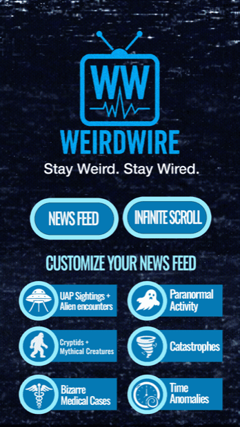 WeirdWire app home — news feed, infinite scroll, and genre categories