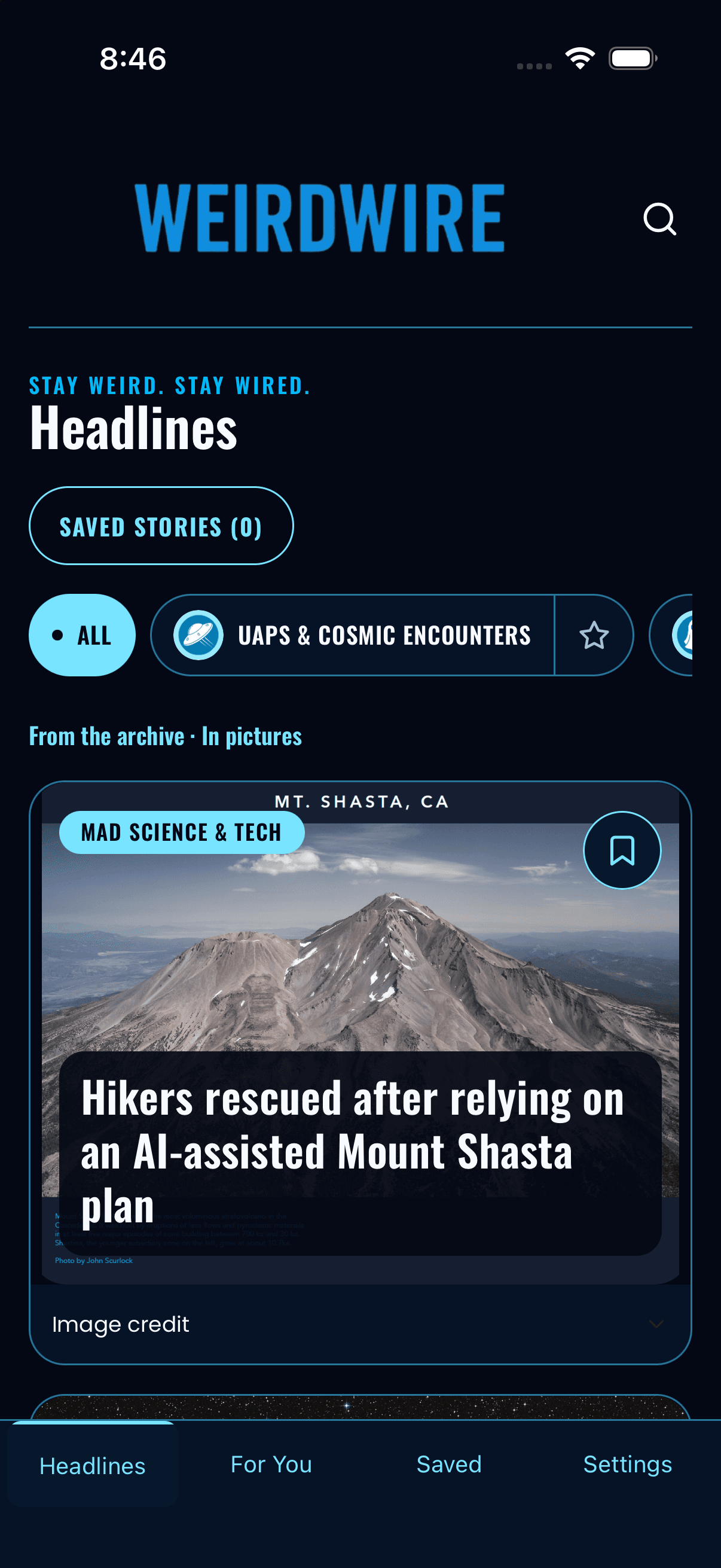Current WeirdWire app preview showing the news feed and original genre icons